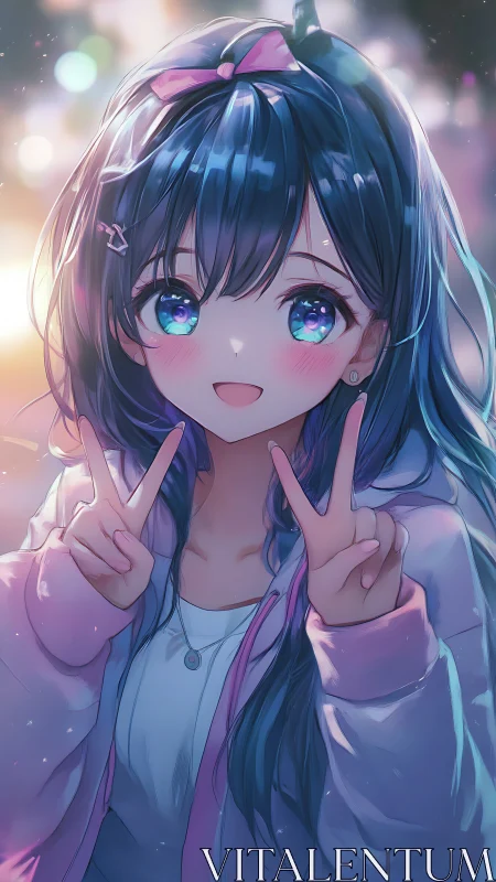 Neon bokeh anime portrait with dual peace sign gesture.