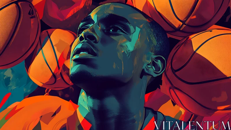 Digital portrait of basketball player with surrounding balls.
