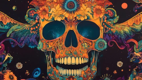 Neon floral skull floats in cosmic darkness with vivid energy