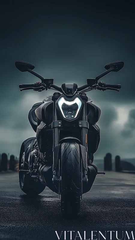 Midnight sport motorcycle under stormy coastal sky.