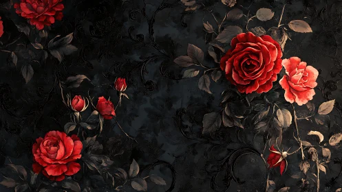 Crimson Blooms Dance Through Shadows and Moody Darkness.