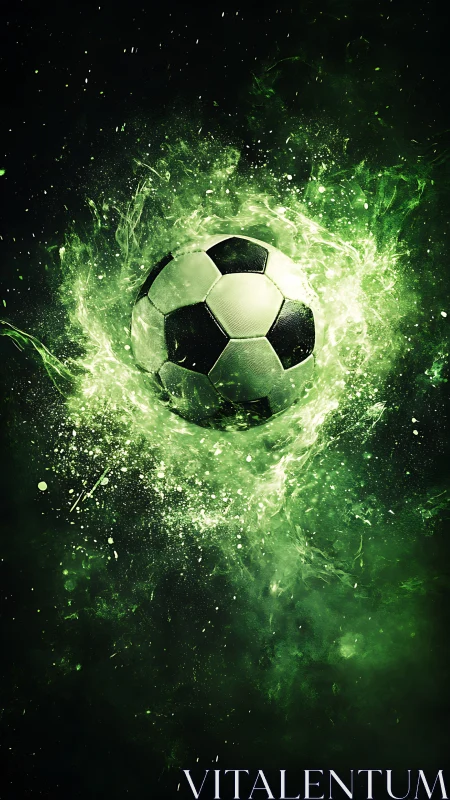 Glowing green energy erupts around a soaring soccer ball