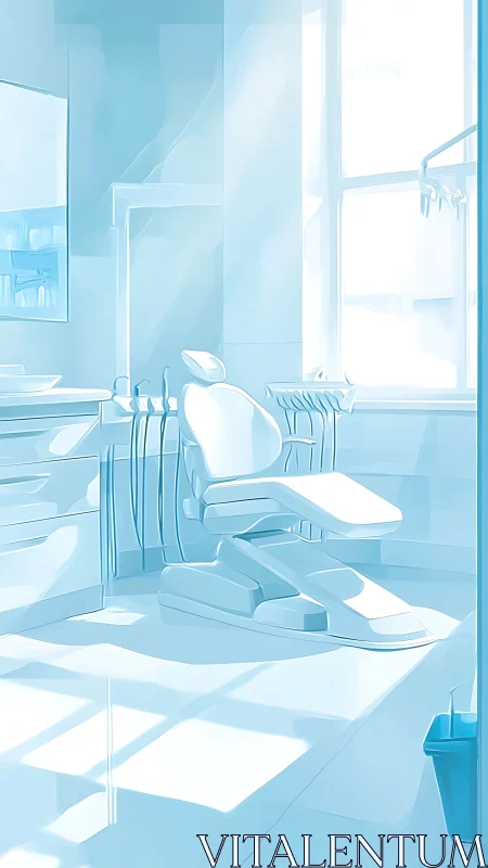 Sterile dental clinic interior in luminous cyan palette.
