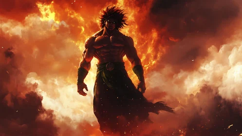 Volcanic titan emerging through incendiary cumulonimbus strata.