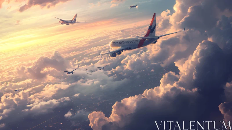 Multi-aircraft sunset formation through stratocumulus cloudscape.