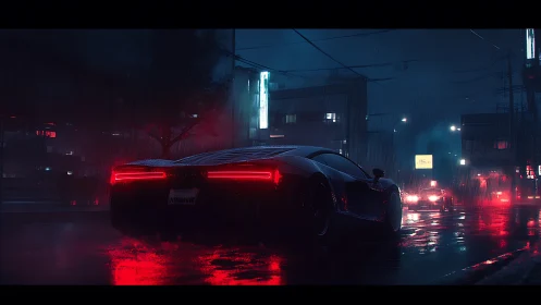 Neon-soaked supercar prowls a rain-slicked midnight avenue.