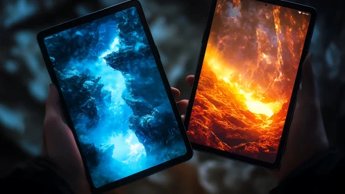 Dual tablets display abstract blue and orange landscapes.
