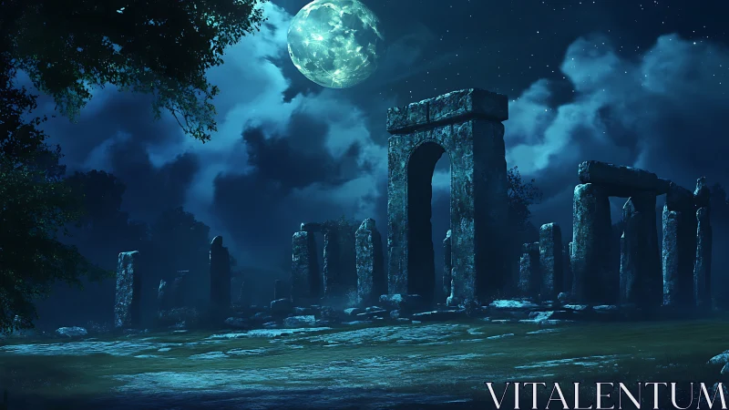 Moonlit stone circle beneath luminous clouds at night.