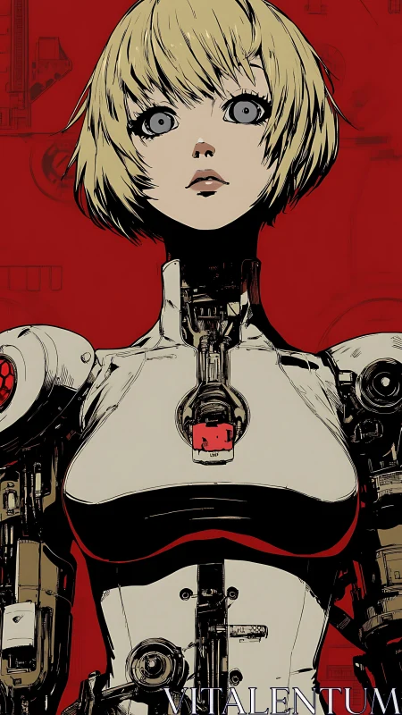 Curious android heroine gazes ahead in bold red silence
