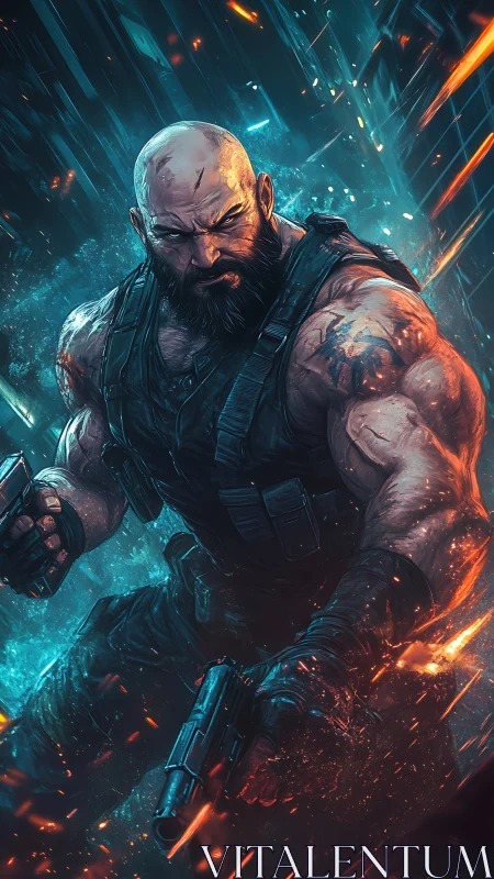 Cybernetic commando in neon crossfire with dual pistols poised.