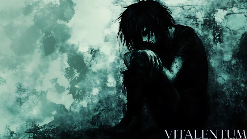 Quietly curled figure resting in a storm of teal shadows.