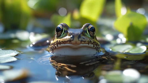 Curious pond frog resting between bright lily leaves.