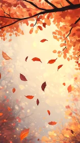 Autumn foliage canopy with drifting leaves in soft depth-of-field lighting