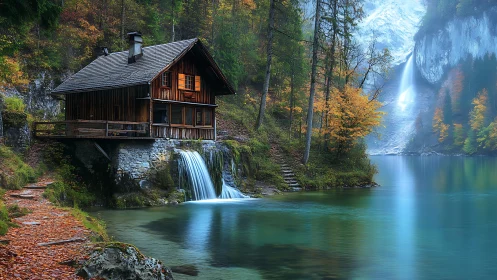 Timber cabin over waterfall-fed lake in misty autumn valley