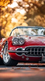 Sunlit red classic car basking in golden autumn glow.