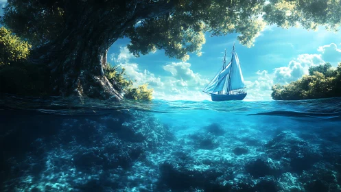 Sailboat beneath emerald canopy above crystalline reef seascape.
