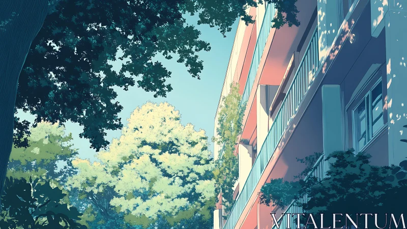 Sunlit modern balcony block framed by lush summer foliage.