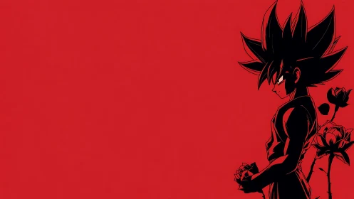 Silhouetted spiky-haired warrior profile on red ground with roses.