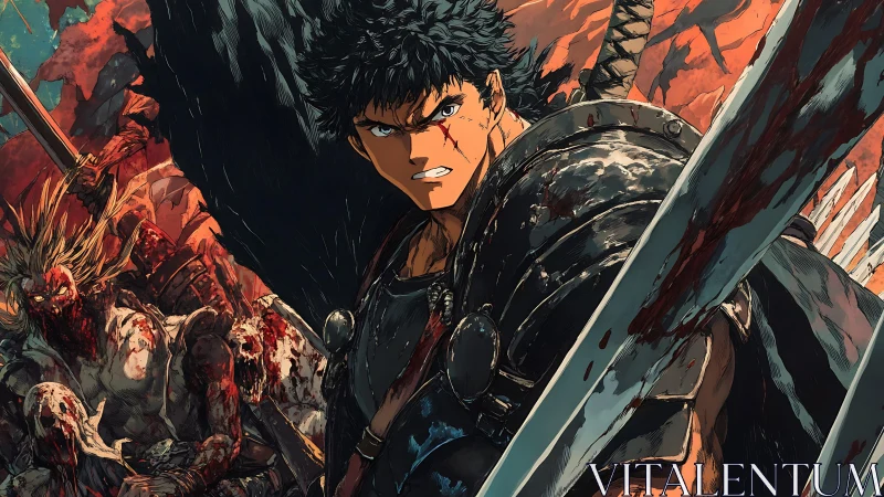 Armored swordsman stands amid fallen foes in bloodied field