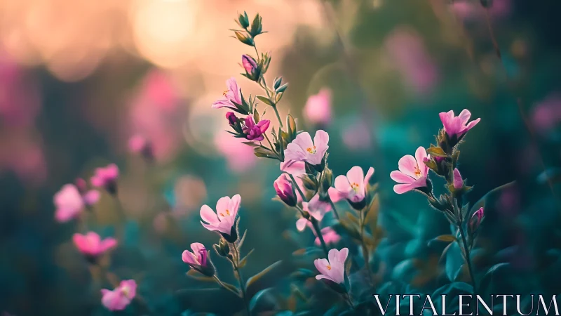 Pink wildflowers in soft sunset garden background scene.