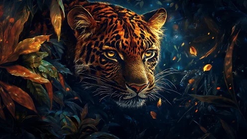 Predatory gaze of a leopard in luminous midnight jungle.