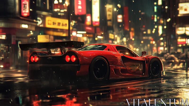Crimson street racer hums through neon-soaked midnight rain
