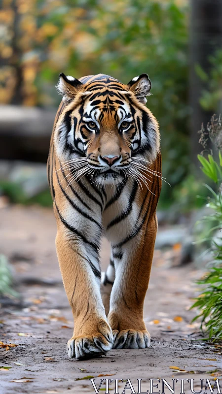 Majestic tiger strides down a forest path in quiet focus