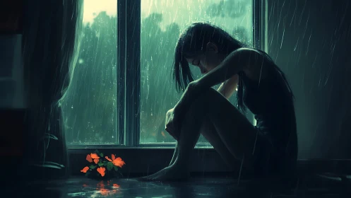 Digital painting of pensive woman at rainy window with florals.