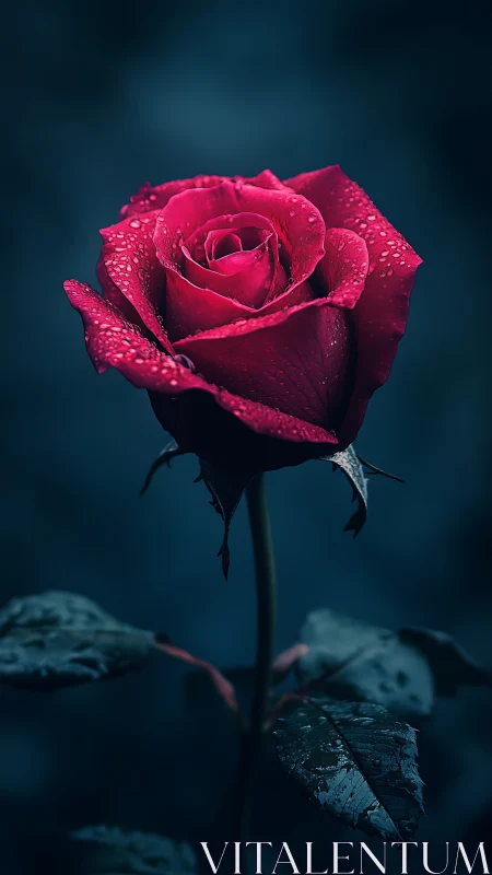 Deep crimson rose with water droplets against dark teal background