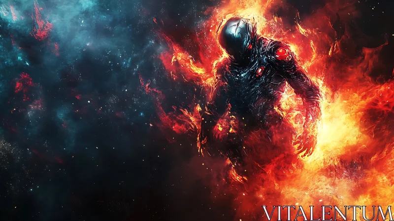 Humanoid figure in fiery armor within cosmic environment.