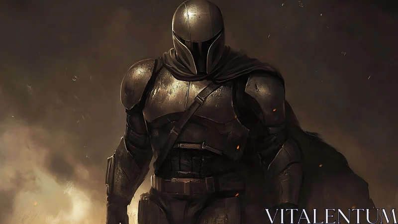 Armored space warrior advancing through smoky dusk.