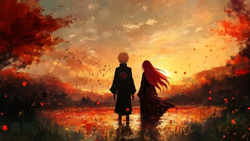 Silhouetted cloaked pair over reflective lake at fiery sunset.