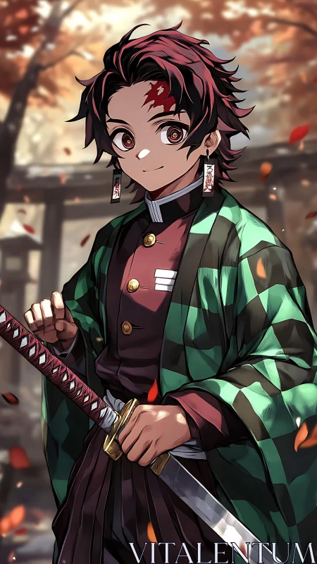 Anime swordsman portrait in autumn shrine courtyard.
