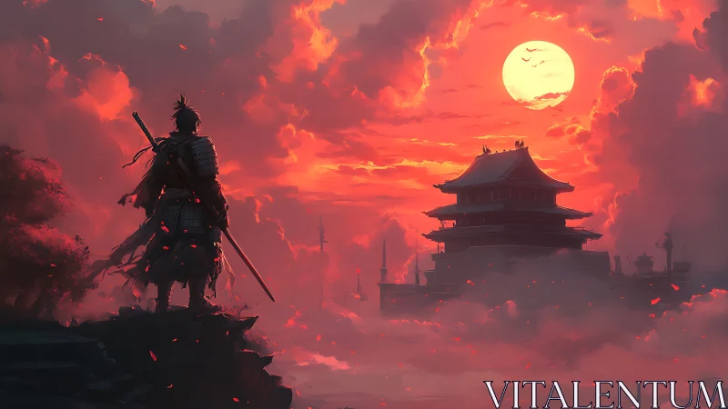Samurai observes distant pagoda under intense red sunset