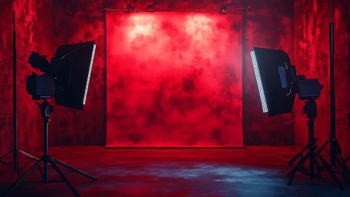 Studio backdrop stands between two softbox lights in red room