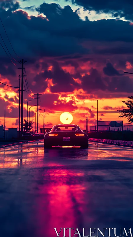 Midnight coupe chases a neon sun down a mirror-wet road