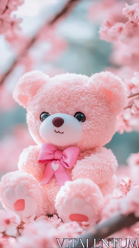 Pastel plush teddy bear posed among soft-focus cherry blossoms