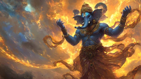 Radiant blue elephant deity dancing in swirling golden fire.