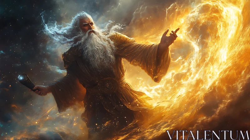 Cosmic fire mage shaping swirling stellar inferno.