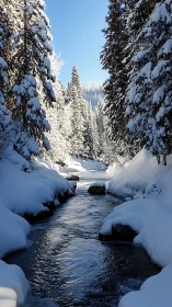Snow covered forest creek under clear winter sky.
