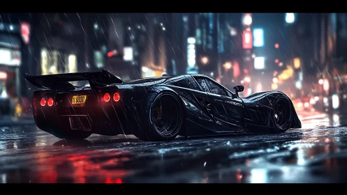 Cyberpunk hypercar in neon-soaked nocturnal streetscape composition.