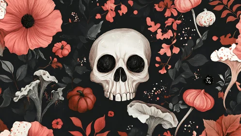 Skull framed by coral florals on charcoal botanical field.