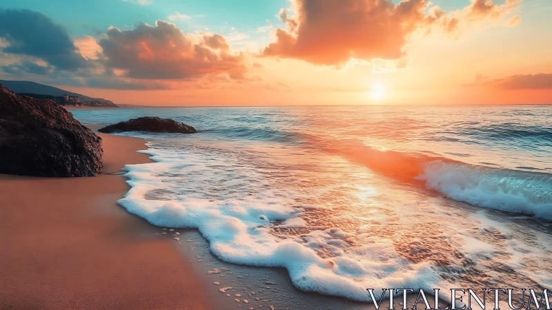 Sunlit shoreline glows under vibrant pastel sunset sky.