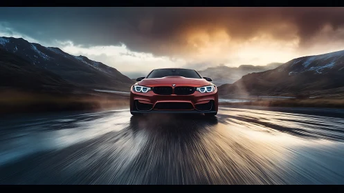 High-speed red sports coupe on wet mountain road at sunset