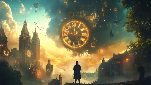 Time-suspended city skyline under colossal golden clock.