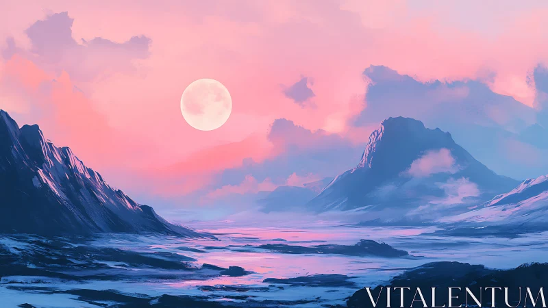 Lunar-illuminated glacial valley under saturated pink atmosphere.