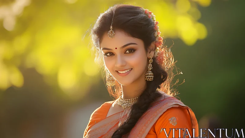Smiling woman in orange saree under warm golden sunlight