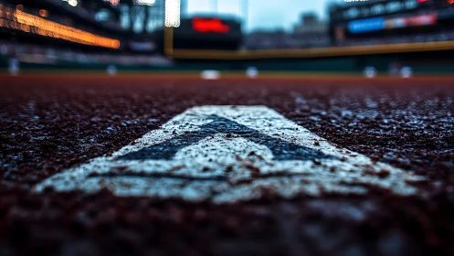 Baseball home plate close-up on infield dirt at stadium.