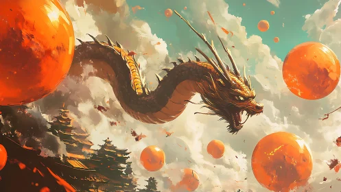 Long serpentine dragon amid floating orange orbs in sky.