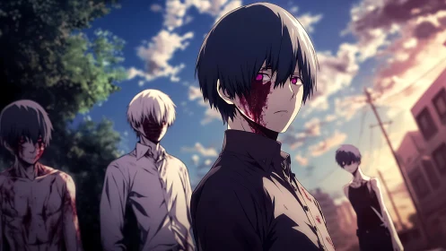 Haunted anime boy stands strong under a fading sunset sky.